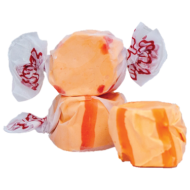 Orange taffy – Taffy Town orange salt water taffy with vibrant orange and golden stripes – Classic orange taffy candy flavor wrapped in wax paper.